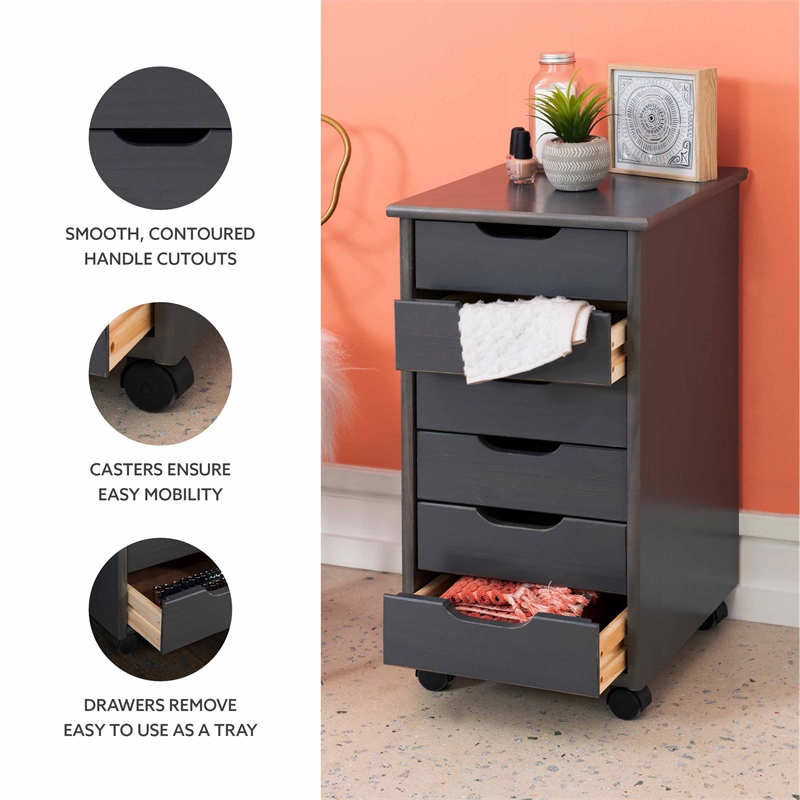 Pemberly Row Transitional Six Drawer Rolling Storage Cart in Gray Wood