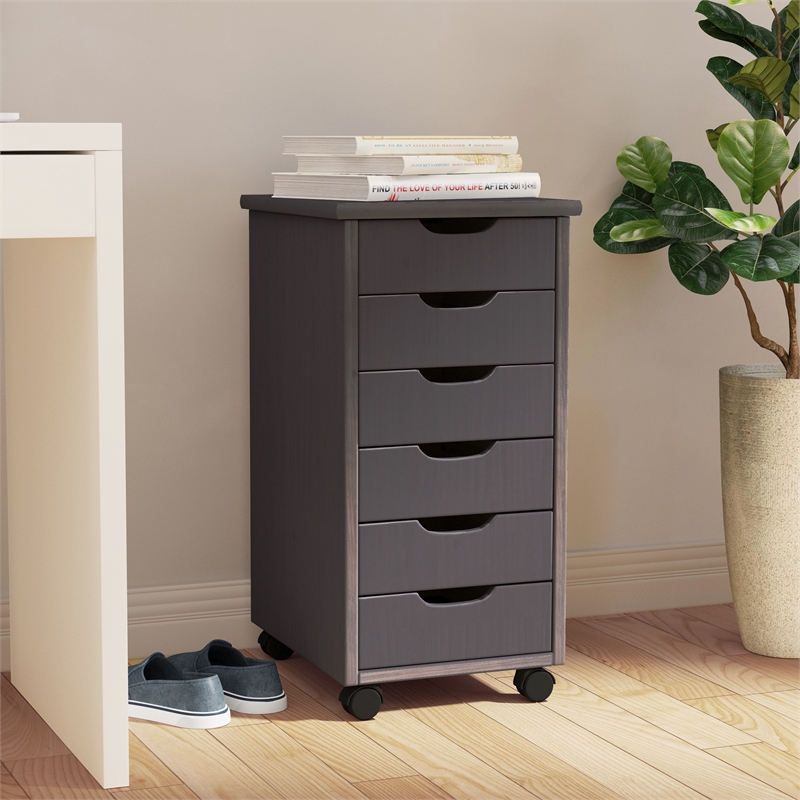 Pemberly Row Transitional Six Drawer Rolling Storage Cart in Gray Wood