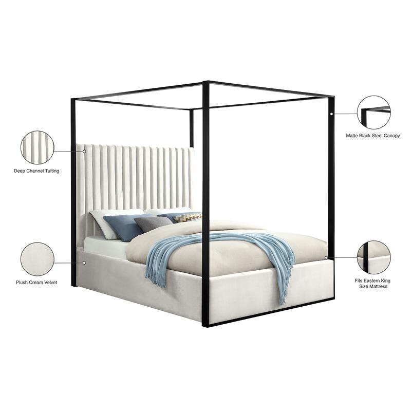 Pemberly Row Solid Wood and Velvet King Bed in Cream/Matte Black