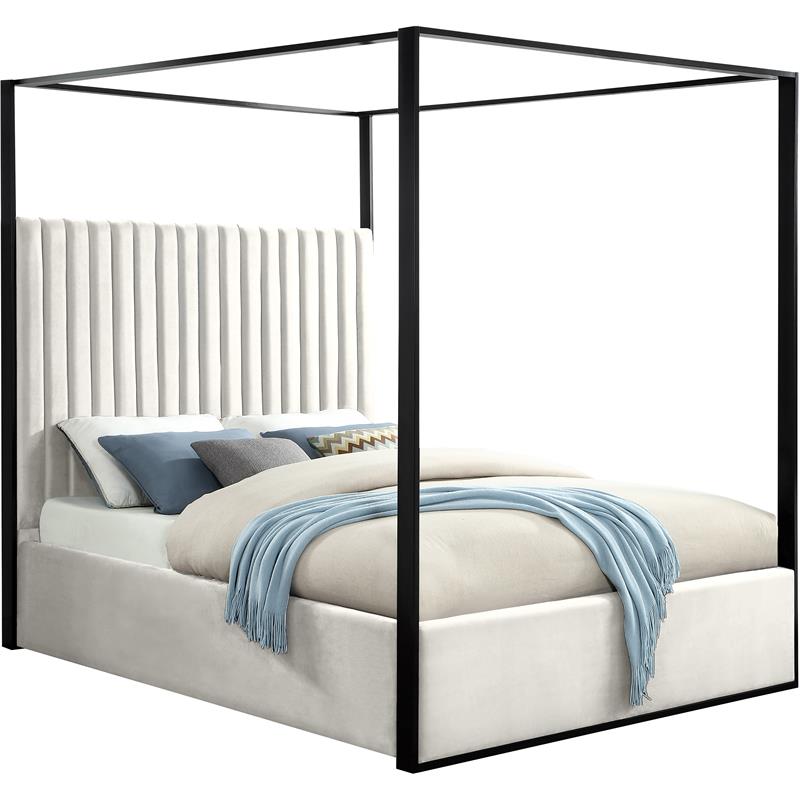 Pemberly Row Solid Wood and Velvet King Bed in Cream/Matte Black