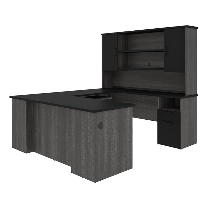 Pemberly Row Transitional Engineered Wood Computer Desk in Black and Bark Gray