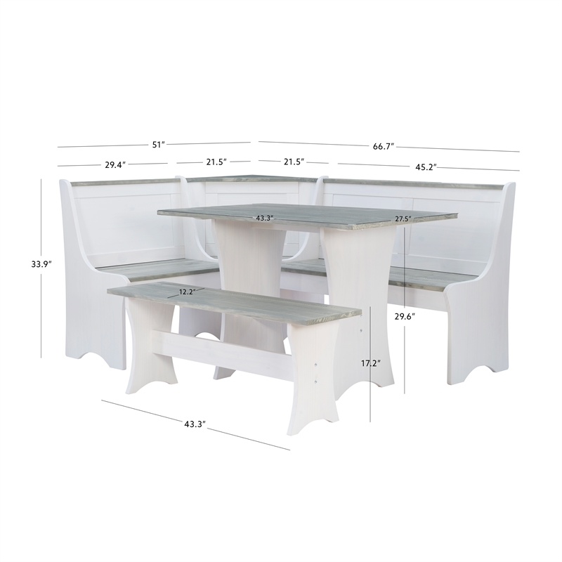 Pemberly Row Two Tone Pine Wood Coastal Corner Dining Nook in Graywash/White
