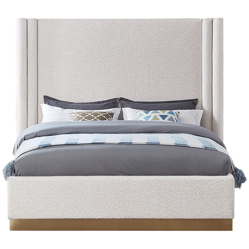 Pemberly Row Contemporary Cream Finish Boucle Fabric Queen Bed