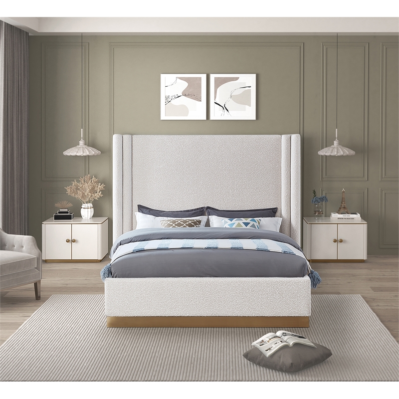 Pemberly Row Contemporary Cream Finish Boucle Fabric Queen Bed
