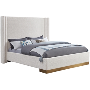 Pemberly Row Contemporary Cream Finish Boucle Fabric Queen Bed
