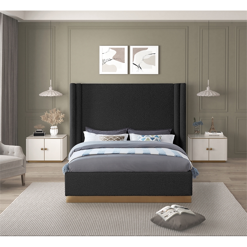 Pemberly Row Contemporary Black Finish Boucle Fabric Queen Bed