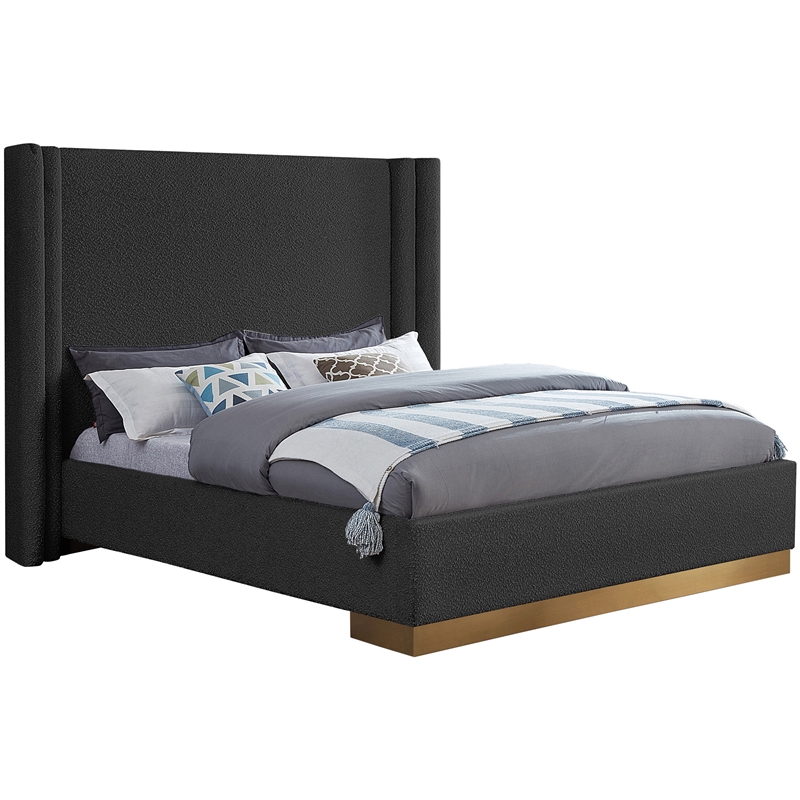 Pemberly Row Contemporary Black Finish Boucle Fabric Queen Bed
