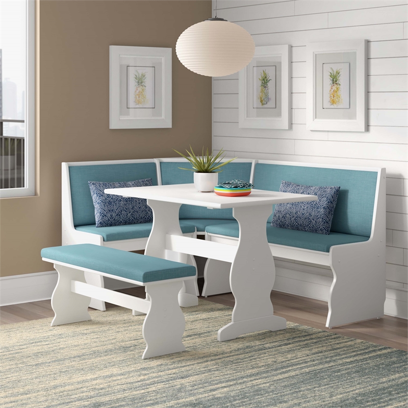 Pemberly Row Corner Nook Dining Set Blue Fabric Upholstered Seats in White Wood