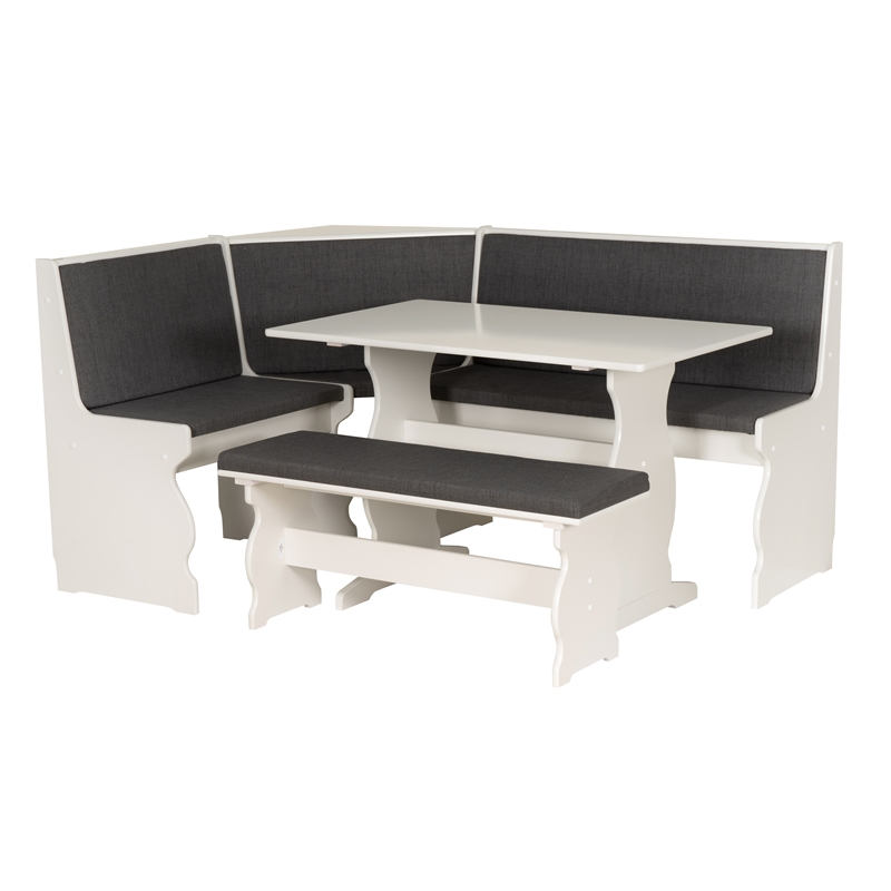 Pemberly Row Corner Nook Dining Set Charcoal Gray Fabric Seats in White Wood