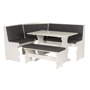 Pemberly Row Corner Nook Dining Set Charcoal Gray Fabric Seats in White Wood