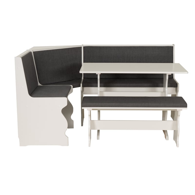 Pemberly Row Corner Nook Dining Set Charcoal Gray Fabric Seats in White Wood