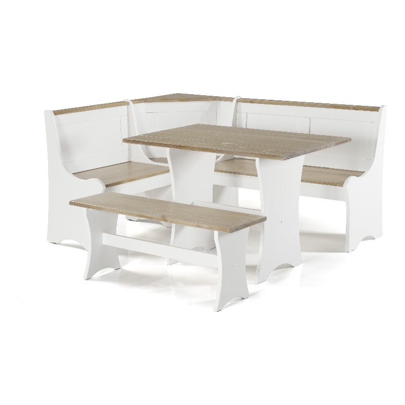 Pemberly Row Solid Wood Dining Nook Set with Storage in Antique White/Driftwood