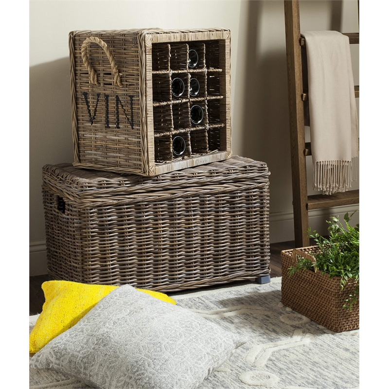 Pemberly Row Contemporary 16 Bottle Rattan Wicker Wine Rack in Black