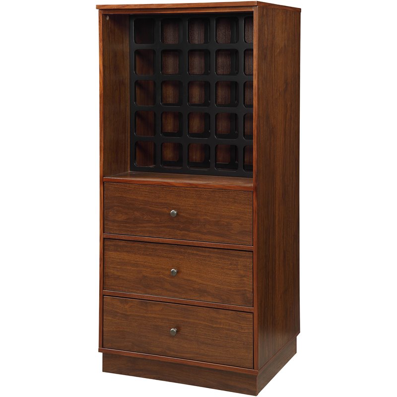 Pemberly Row Engineered Wood Wine Cabinet with 3 Drawers in Walnut