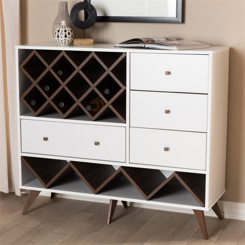 Pemberly Row Mid-Century Wood Wine Cabinet in White and Walnut