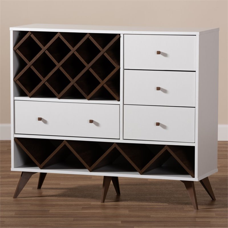 Pemberly Row Mid-Century Wood Wine Cabinet in White and Walnut