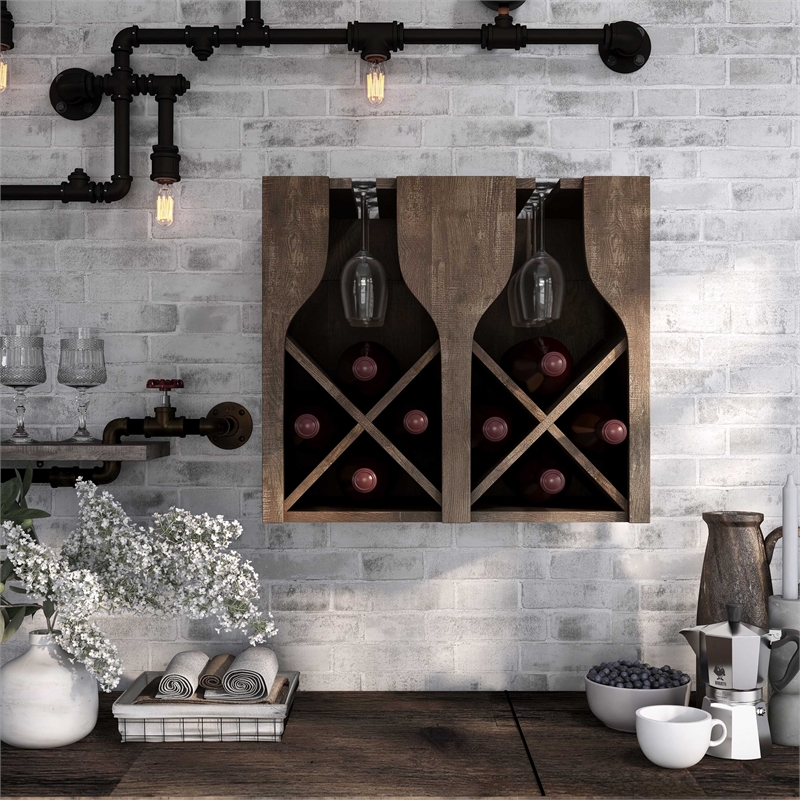 Pemberly Row Wood 8-Bottle Hanging Wine Rack in Reclaimed Oak