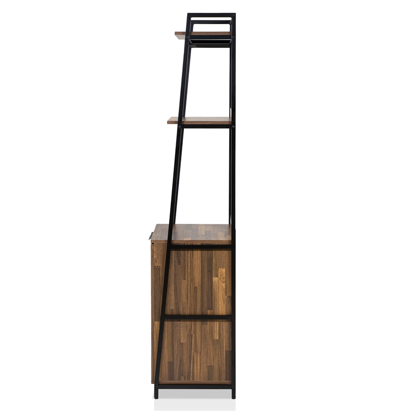 Pemberly Row Rustic Metal 4-Shelf Wine Cabinet in Oak and Black
