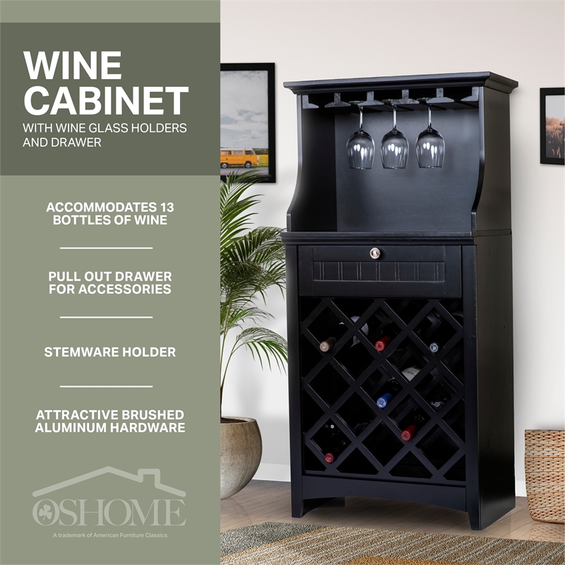 Pemberly Row Traditional Engineered Wood Wine Cabinet in Black