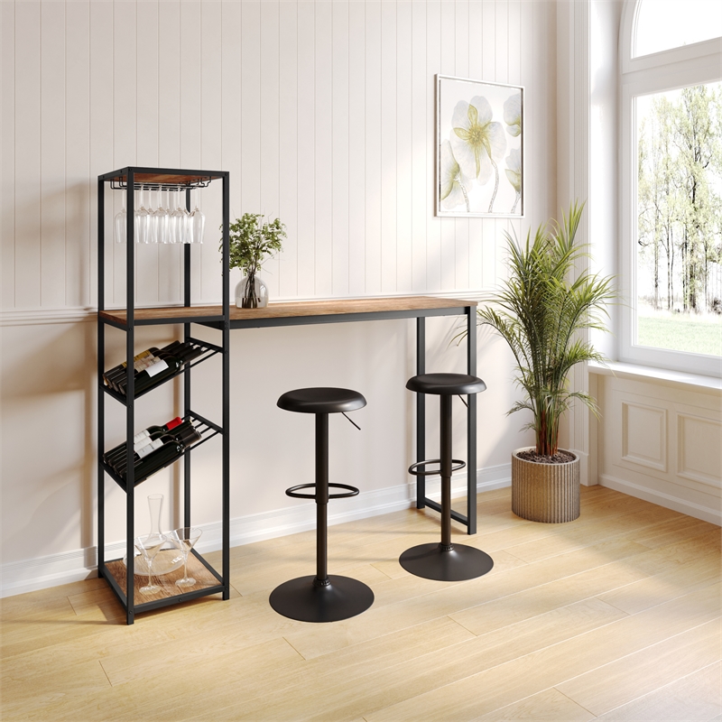 Pemberly Row Metal Bar Table with Bottle & Stemware Storage in Black/Light Brown