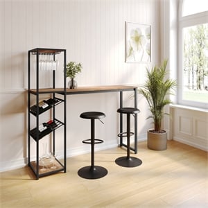 Pemberly Row Metal Bar Table with Bottle & Stemware Storage in Black/Light Brown