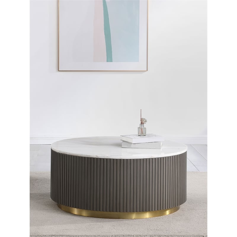 Pemberly Row Round Marble Top Drum Base Coffee Table White and Charcoal