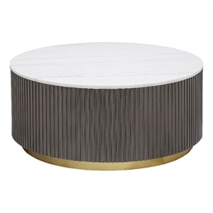 Pemberly Row Round Marble Top Drum Base Coffee Table White and Charcoal