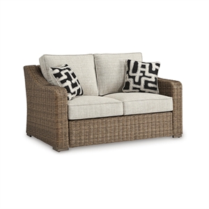 Pemberly Row Contemporary Wicker / Rattan Beige Outdoor Loveseat
