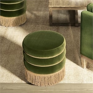 Pemberly Row 17.5&quot Round Upholstered Ottoman with Bullion Fringe Green Velvet