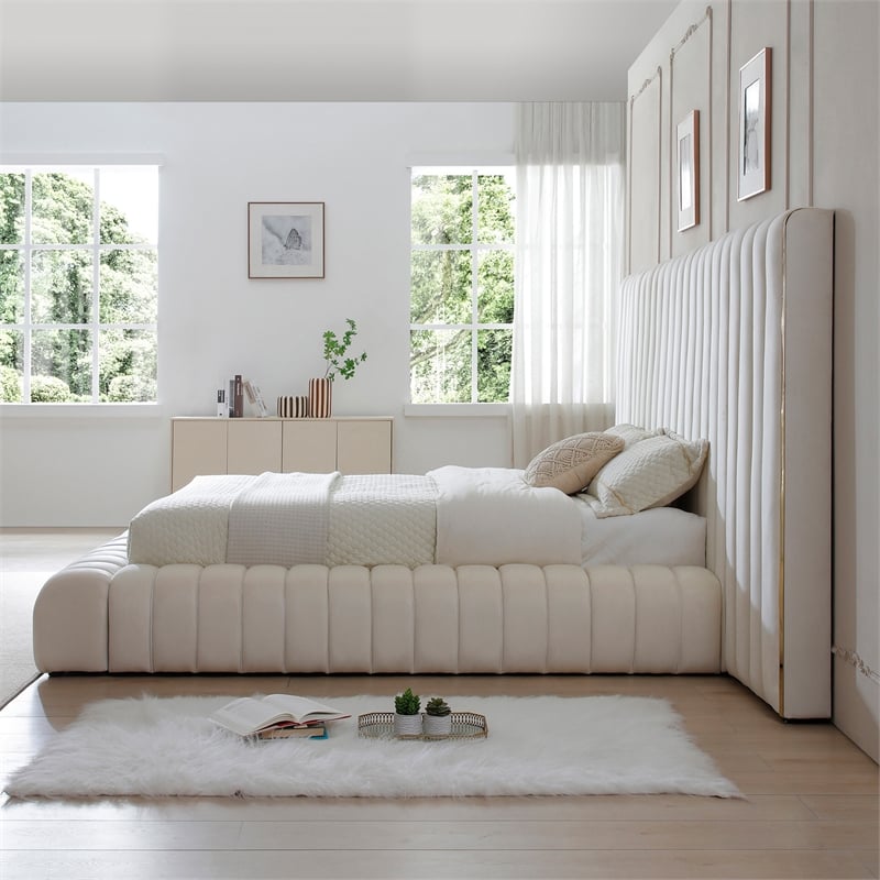 Pemberly Row Modern Velvet Upholstered Queen Platform Bed with Wings in Cream