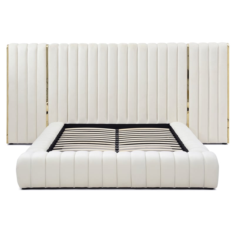 Pemberly Row Modern Velvet Upholstered Queen Platform Bed with Wings in Cream
