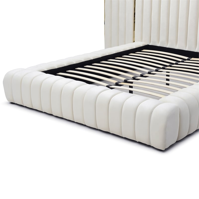 Pemberly Row Modern Velvet Upholstered Queen Platform Bed with Wings in Cream