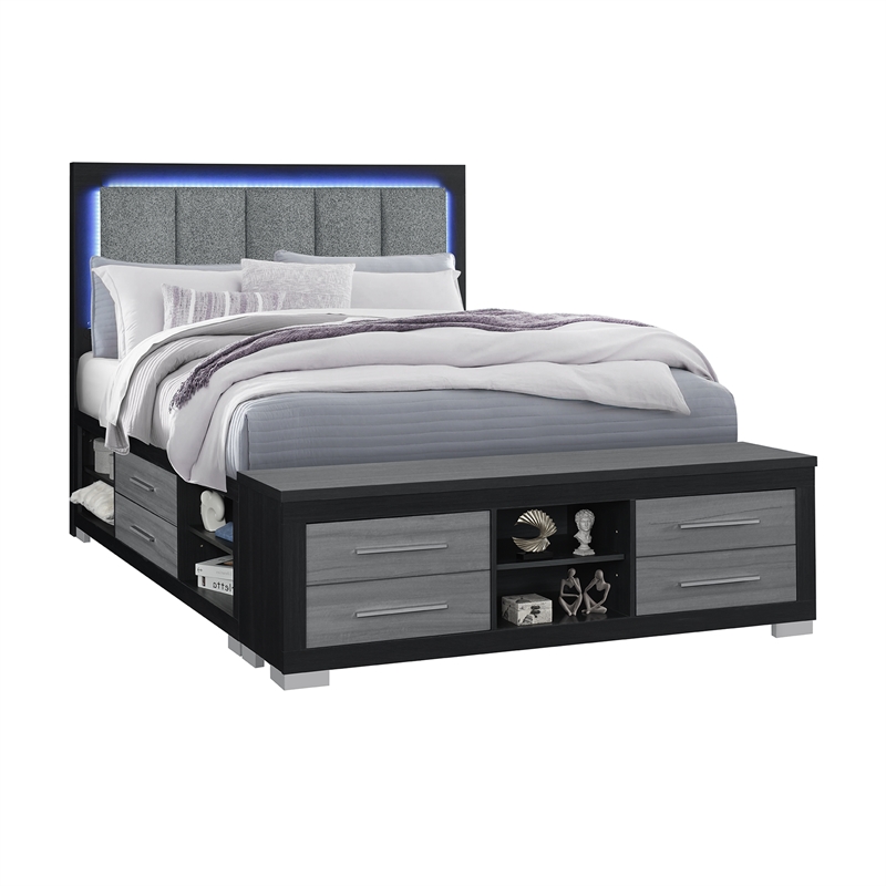 Pemberly Row Modern Black-Gray Wood Queen Bed with LED and USB