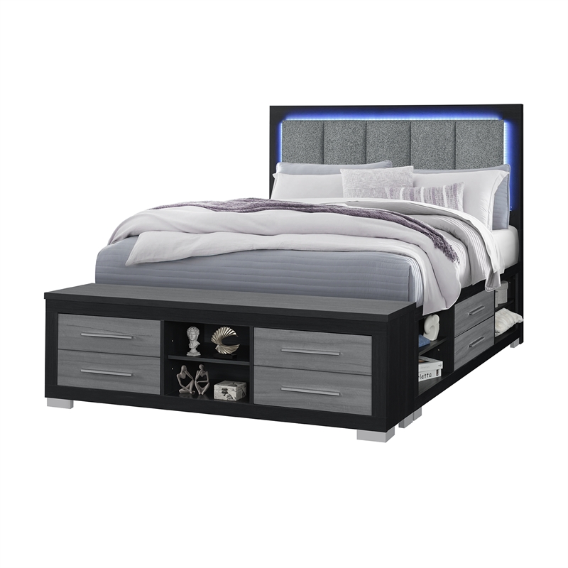 Pemberly Row Modern Black-Gray Wood Queen Bed with LED and USB