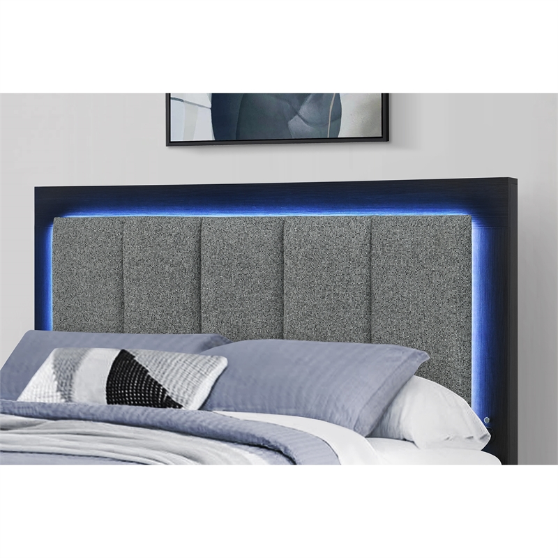 Pemberly Row Modern Black-Gray Wood Queen Bed with LED and USB