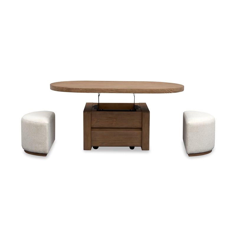 Pemberly Row Wood Beige Home Lift Top Cocktail Table With Casters & 2 Stools