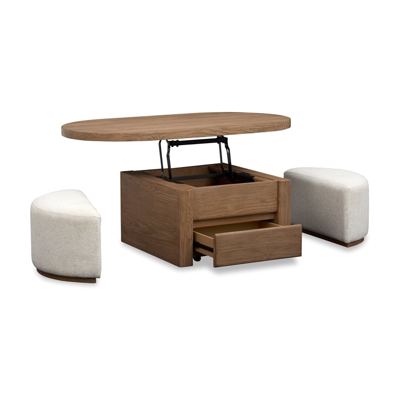 Pemberly Row Wood Beige Home Lift Top Cocktail Table With Casters & 2 Stools