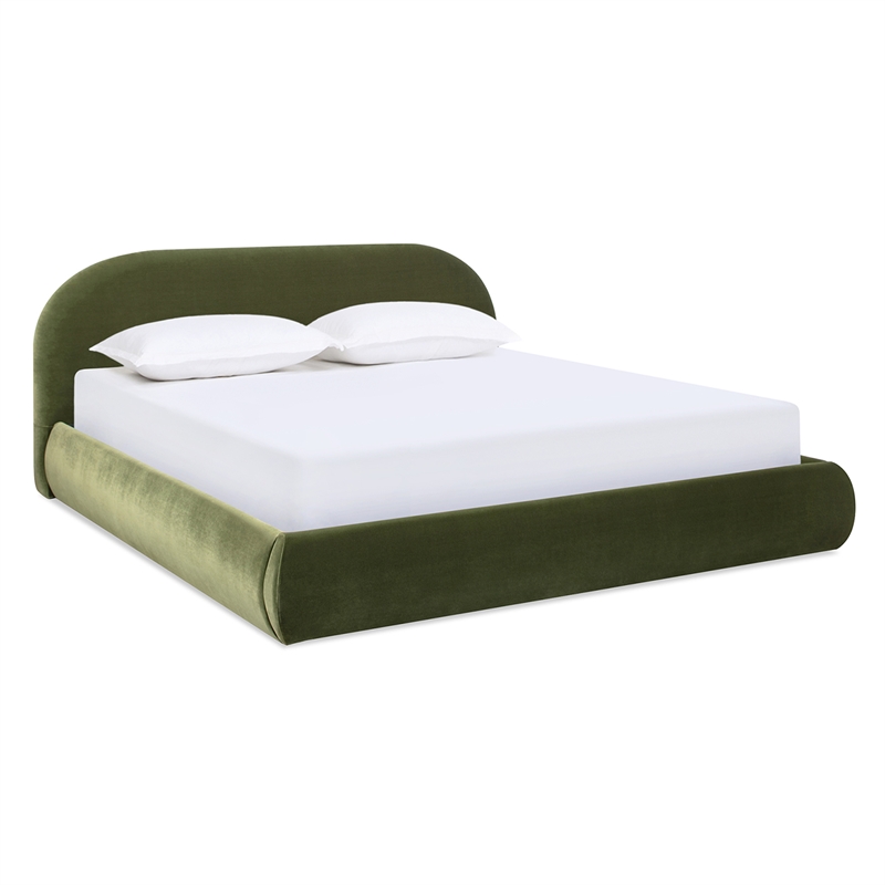 Pemberly Row Puffy Grounded Upholstered Platform Bed in Green Performance Velvet