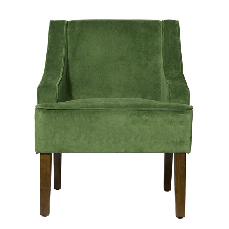Pemberly Row Traditional Wood and Velvet Swoop Arm Accent Chair in Green