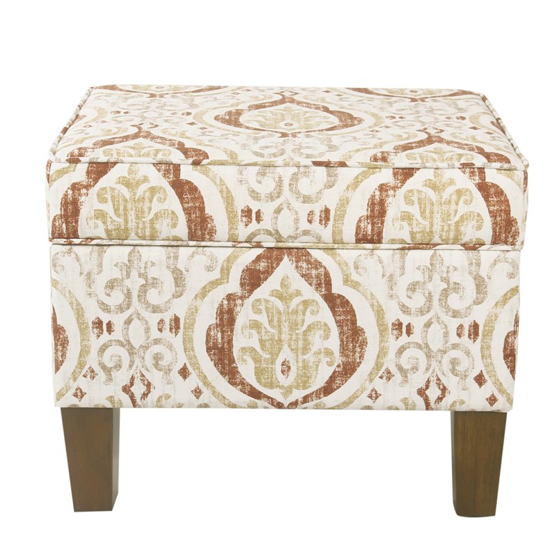 Pemberly Row Square Fabric Storage Ottoman in Burnt Orange and Cream