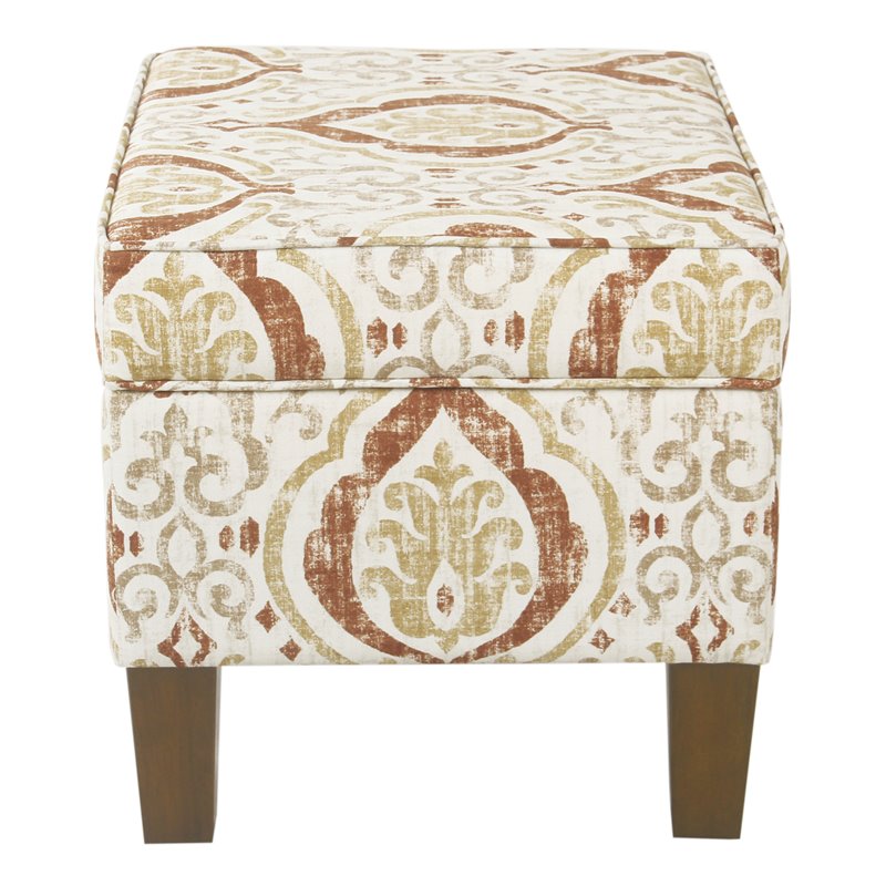 Pemberly Row Square Fabric Storage Ottoman in Burnt Orange and Cream