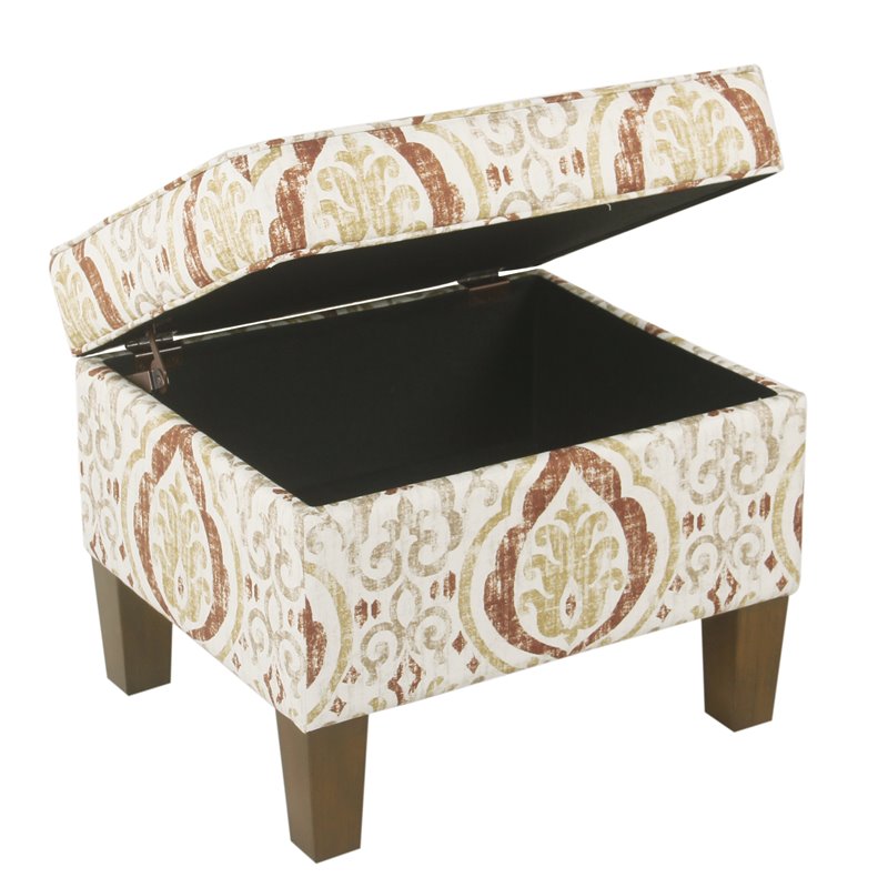 Pemberly Row Square Fabric Storage Ottoman in Burnt Orange and Cream