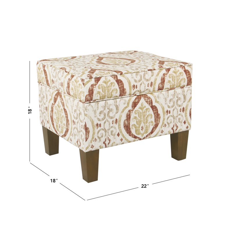 Pemberly Row Square Fabric Storage Ottoman in Burnt Orange and Cream