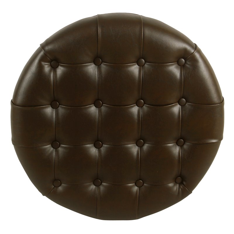 Pemberly Row Round Wood & Faux Leather Large Storage Ottoman in Brown