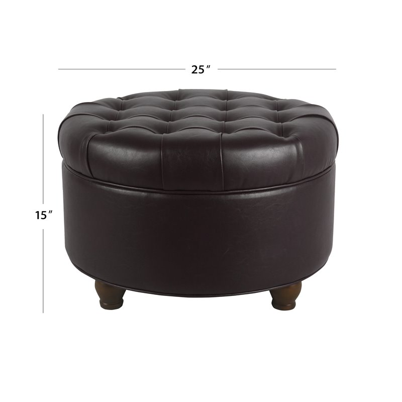 Pemberly Row Round Wood & Faux Leather Large Storage Ottoman in Brown