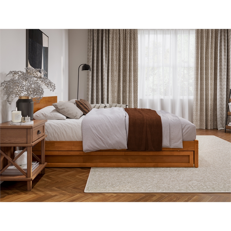 Pemberly Row Queen Platform Bed with Panel Footboard & TXL Trundle in Toffee