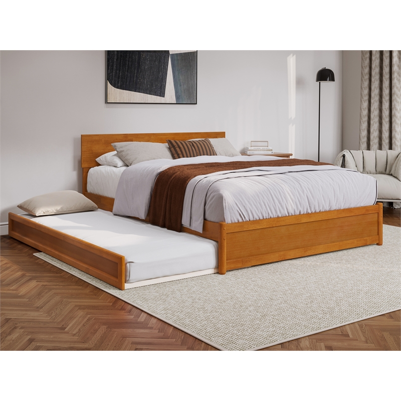 Pemberly Row Queen Platform Bed with Panel Footboard & TXL Trundle in Toffee