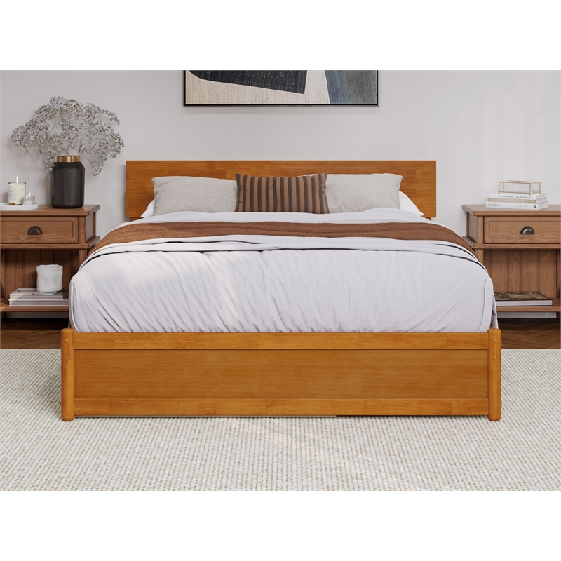 Pemberly Row Queen Platform Bed with Panel Footboard & TXL Trundle in Toffee