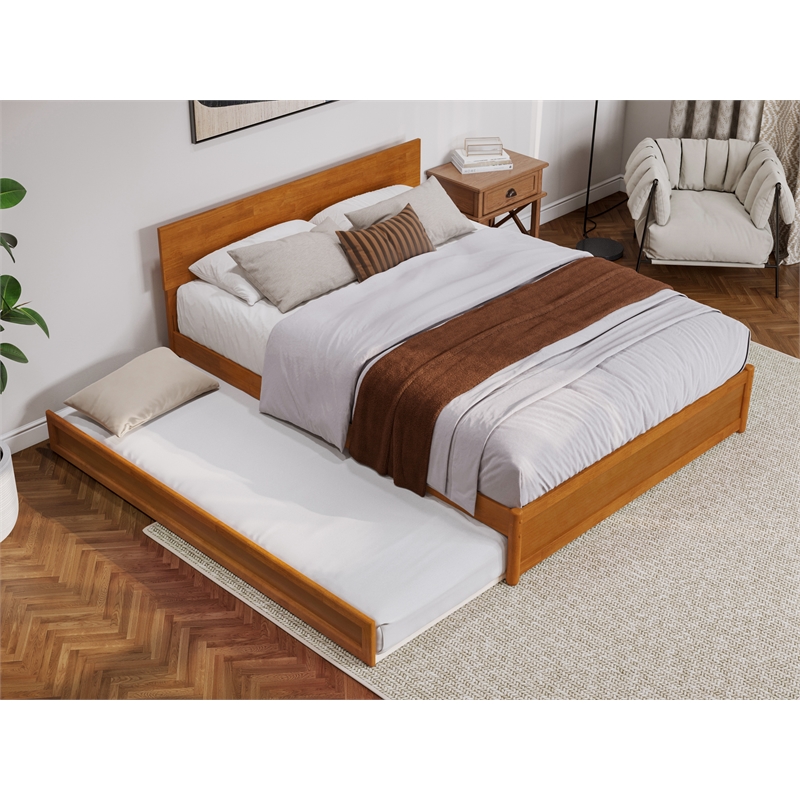Pemberly Row Queen Platform Bed with Panel Footboard & TXL Trundle in Toffee