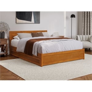 Pemberly Row Queen Platform Bed with Panel Footboard & TXL Trundle in Toffee